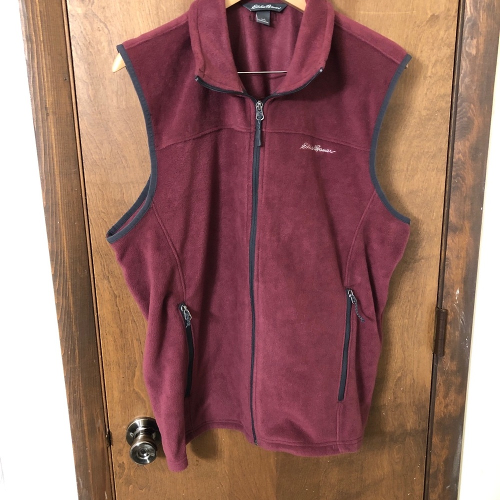Eddie Bauer Men's Zip Up Fleece Vest Red Burgundy LG Sleeveless Zipped Pockets